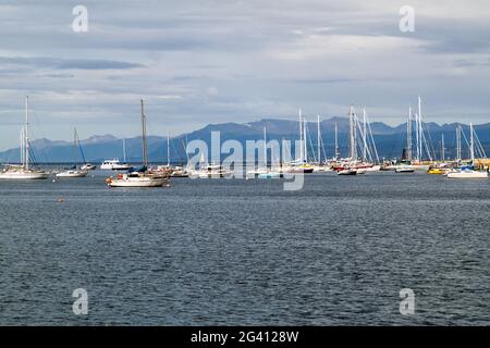 USHUAIA, ARGENTINA - MARCH 6, 2015: Yachts in a port of Ushuaia, Tierra del Fuego island, Argentina Stock Photo