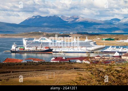 USHUAIA, ARGENTINA - MARCH 8, 2015: Cruise ship in a port of Ushuaia, Tierra del Fuego island, Argentina Stock Photo