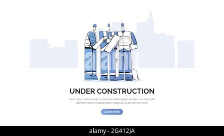 Under maintenance website template illustration. Vector concept with construction worker character. Error message landing page. Stock Vector