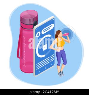Isometric young female drinking a bottle of water. Sport water bottle. Active lifestyle Stock Vector