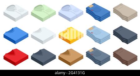 Set clothes isometric shirt, t-shirt, sweater, jeans. Big t-shirt template collection of different colors. Stock Vector
