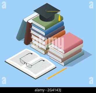 Isometric stacks of books and diploma on white background. Knowledge, learning and education concept Stock Vector