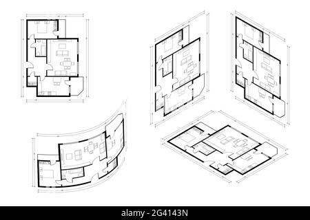 Isometric Architect Blueprint Vector Plan of Home. Blueprint House Plan Drawing. Professional Architectural Illustration Sketch Home. Stock Vector
