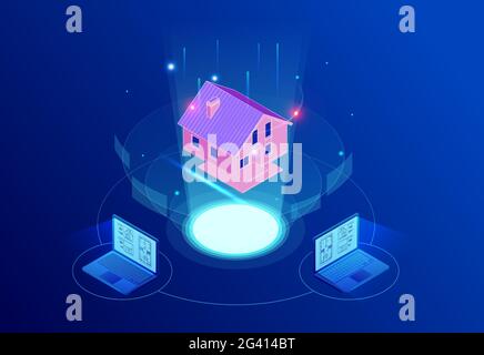 Isometric house architectural project. Virtual interactive interface. Engineer uses the virtual interface for augmented reality in the architectural Stock Vector