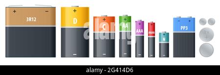 Alkaline Battery, Accumulators. Alkaline cylinder, accumulator and coin cells. Group of different size colour batteries isolated on white background Stock Vector