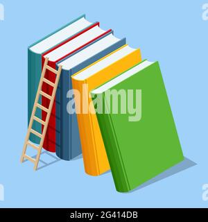 Isometric stack of book on white background. Knowledge, learning and education concept Stock Vector