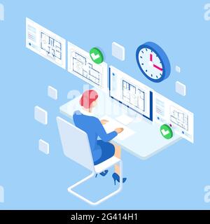 Isometric Construction Project Management, Architectural Project Planning, Development and Approval Web Banner. Architecture design, blueprint plan. Stock Vector