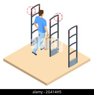 Isometric Anti Theft System. Eas Anti-theft Sensor Gate. Anti Theft Gates for Indoor. Preventing shoplifting scanner gate. Customer shopping store Stock Vector