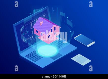 Isometric house architectural project. Virtual interactive interface. Engineer uses the virtual interface for augmented reality in the architectural Stock Vector