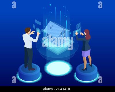 Isometric house architectural project. Virtual interactive interface. Engineer uses the virtual interface for augmented reality in the architectural Stock Vector