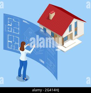 Isometric house architectural project. Virtual interactive interface. Engineer uses the virtual interface for augmented reality in the architectural Stock Vector