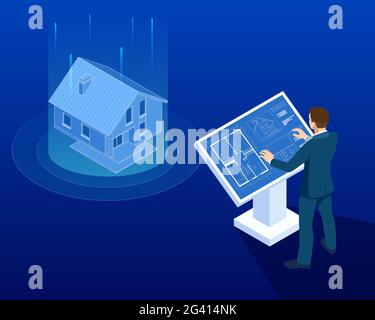 Isometric house architectural project. Virtual interactive interface. Engineer uses the virtual interface for augmented reality in the architectural Stock Vector