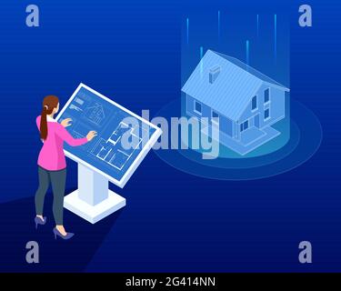 Isometric house architectural project. Virtual interactive interface. Engineer uses the virtual interface for augmented reality in the architectural Stock Vector