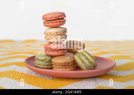Pastel color macarons on plate gourmet dessert baking french pastry Stock Photo