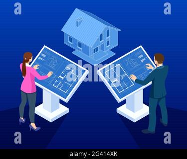 Isometric house architectural project. Virtual interactive interface. Engineer uses the virtual interface for augmented reality in the architectural Stock Vector