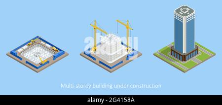 Isometric Skyscraper construction process. Building crane, multi-storey building under construction. Stock Vector