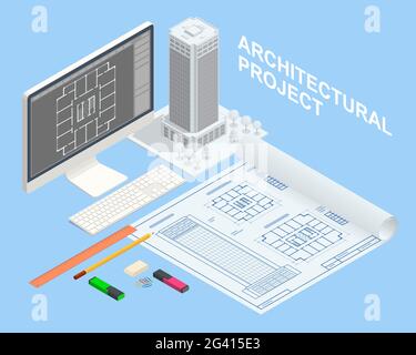 Architectural Project Isometric Concept. Professional Architects and Designers Working. Engineer working on computer with blueprints on screen Stock Vector