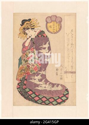 Courtisane Tachibana from the Tsuruya House. Courtisane in multicolored kimono. On the outer layer of her kimono, cranes are pictured (Japanese: Tsuru), referring to the name of her house. Her assistants are called Ukon and Sakon in the Japanese print title. Stock Photo