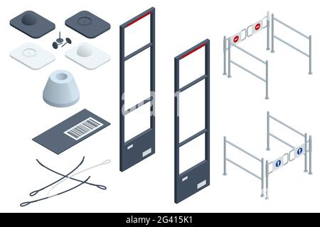 Isometric Anti Theft System. Eas Anti-theft Sensor Gate. Anti Theft Gates for Indoor. Preventing shoplifting scanner gate. Customer shopping store Stock Vector