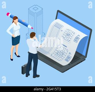 Architectural Project Isometric Concept. Professional Architects and Designers Working. Engineer working on laptop computer with blueprints on screen Stock Vector