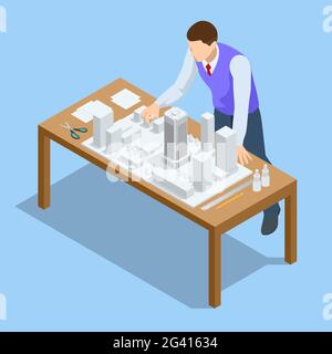 Architectural Project Isometric Concept. Professional Architect and Designer Working. Stock Vector