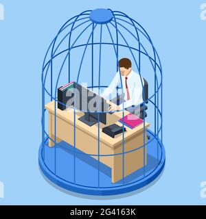 Isometric business man working at desk trapped inside birdcage. Stress at work. Overworked business man in jail. Deadline, bureaucracy, paperwork Stock Vector