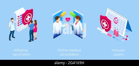 Isometric Vaccination and Immunization, Time to vaccinate, Online medical advise, medical prescription concept. Medicine industry. Stock Vector