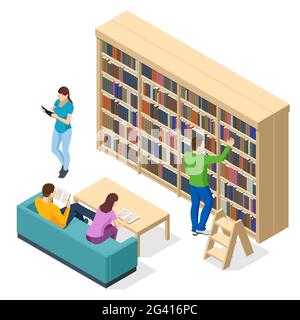Isometric Bookshelves in the Library. Books in public library. Learning and education concept. People studying together at the library Stock Vector