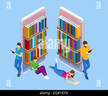 Isometric Online library app for reading, bookstores concept. E-learning from home online studying on smartphone. Stock Vector