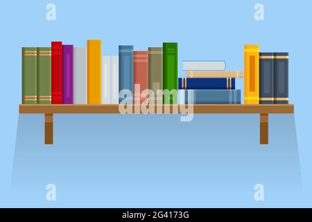 Flat brown bookshelf with old books isolated on background. Stock Vector