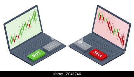 Isometric Investing and Stock Market Gain and Profits with Red and Green Candlestick Charts. Stock Exchange Market Graph, Analysis UI, UX on Laptop