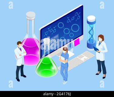Isometric Doctor Team While Working Analysis Lab, Chemical Laboratory Science. Research Teams in Chemistry Experiments, Health Sciences, Life Sciences Stock Vector