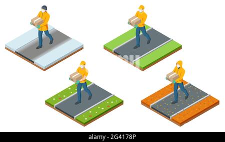 Isometric deliveryman at different times of the year. Isometric delivery man or courier in a medical mask and gloves delivering food to customer at Stock Vector