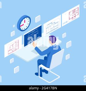Isometric Construction Project Management, Architectural Project Planning, Development and Approval Web Banner. Scheme of House, Engineer industry Stock Vector