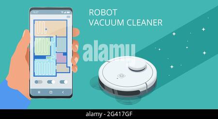 Robot vacuum cleaner performs automatic cleaning of the apartment at a certain time. Robot vacuum cleaner communicates with the smartphone via Stock Vector