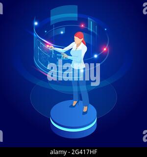 Isometric Virtual Reality Construction Project Management, Architectural Project Planning, Development and Approval Web Banner. Scheme of House Stock Vector