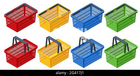 Isometric Set of plastic shopping baskets on white background. Red, yellow, blue, green plastic shopping baskets Stock Vector