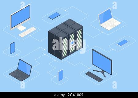 Isometric data center and network elements. Server room data center. Big modern data center, server room Stock Vector