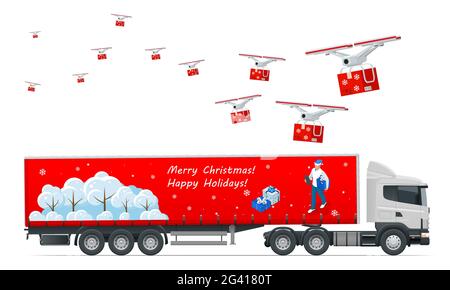 Truck trailer with container. Car for the carriage of goods. Drones with delivering Christmas gifts. Cargo delivering vehicle Stock Vector