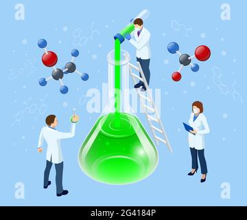 Isometric Doctor Team While Working Analysis Lab, Chemical Laboratory Science. Stock Vector
