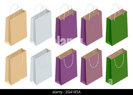 Isometric set of Recycled Paper Shopping Bags . Folded Paper Bag with Handle isolated on white background Stock Vector
