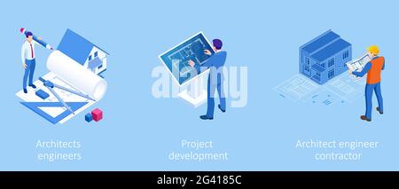 Isometric Construction Project Management, Architectural Project Planning, Development and Approval. Scheme of House, Engineer industry. Construction Stock Vector