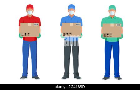 Courier in a face mask with a box in his hands. Delivery of goods during the prevention of coronovirus, Covid-19. Stock Vector