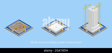 Isometric Skyscraper construction process. Building crane, multi-storey building under construction. Stock Vector