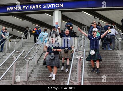 London, UK. 18th June 2021. Scotland fans arrive from the Wembley Park Station before the UEFA European Championships match at Wembley Stadium, London. Picture credit should read: David Klein / Sportimage Stock Photo