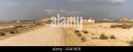 A panorama of a lonesome hunting cabin in wild and secluded desert grasslands Stock Photo