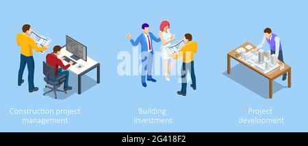 Isometric Construction Project Management. Professional Contractors and Engineers Characters. Building Investment Stock Vector