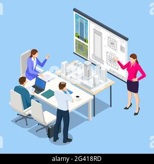 Architects in office looking at construction project Isometric Concept. Professional Architects and Designers Working. Engineer working on laptop Stock Vector