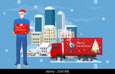 Delivery trucks delivering Christmas gift and Courier in a face mask and a Christmas hat with a box in his hands in the city and snow falling Stock Vector