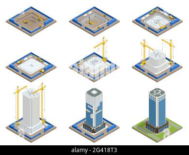 Isometric Skyscraper construction process. Building crane, multi-storey building under construction. Stock Vector